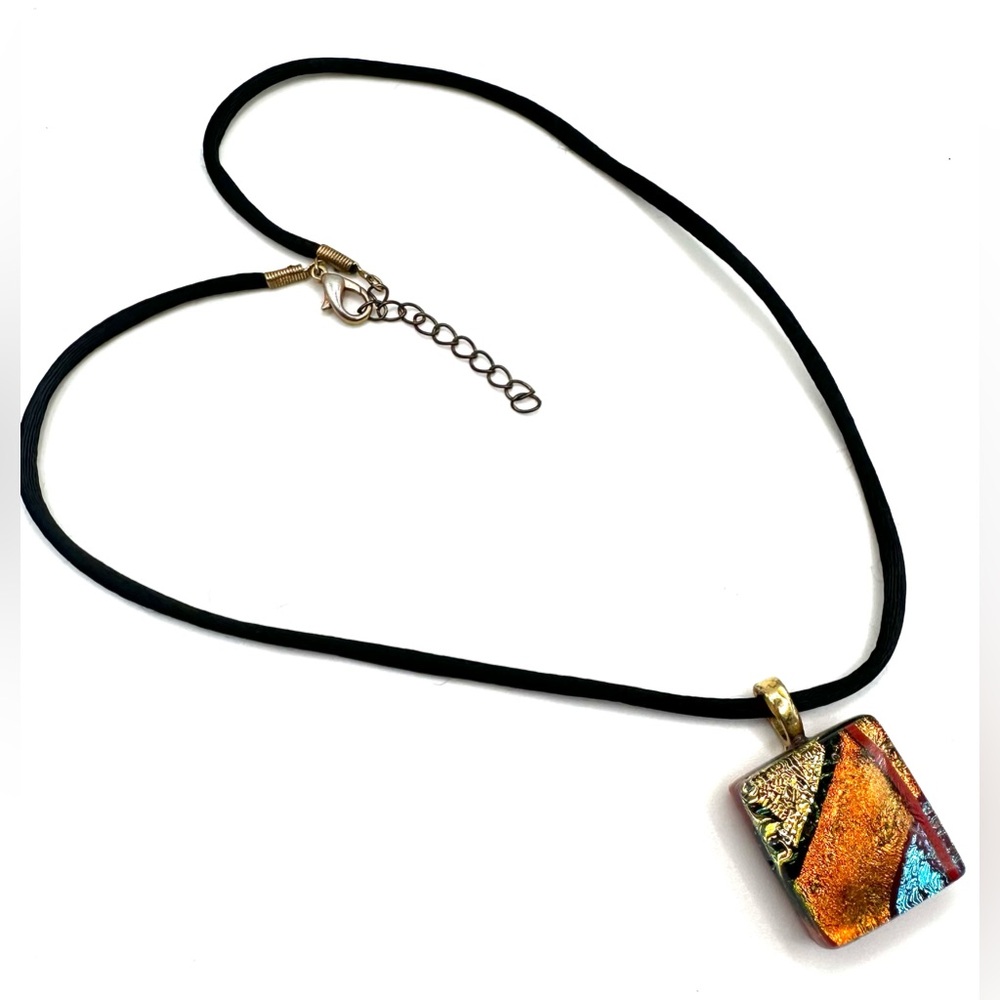 Dichroic Art Glass Pendant Necklace 21” Black Cord with Extender Handcrafted